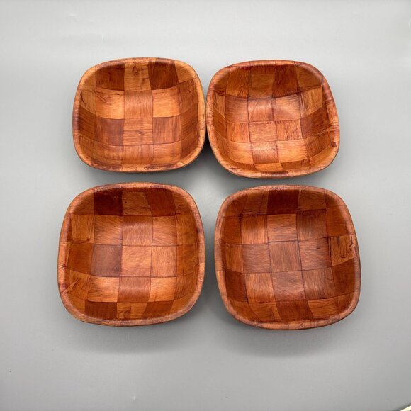 Vintage Parquet Wood Square Bowls Set | Mid Century | Set of 4 - Picture 6 of 10